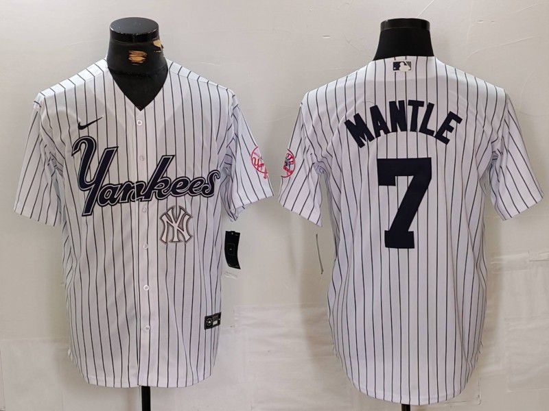 Men New York Yankees #7 Mantle White stripe Three generations of joint names Nike 2024 MLB Jersey style 4